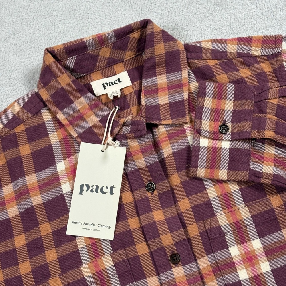Pact Mila Flannel Shirt Maroon Plaid Organic Cotton Button Down Womens Small NEW